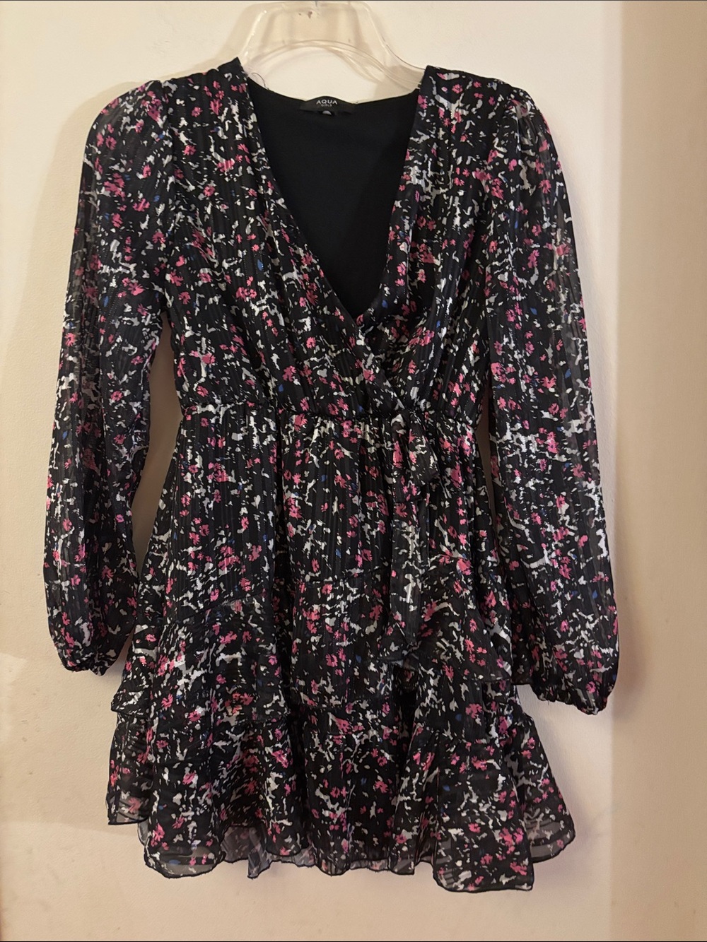 Aqua Black Floral Long Sleeve Ruffle Dress